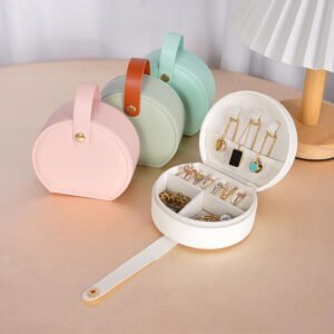 Circular Leather Jewellery Box With Handle | Organizer Box | Storage Box