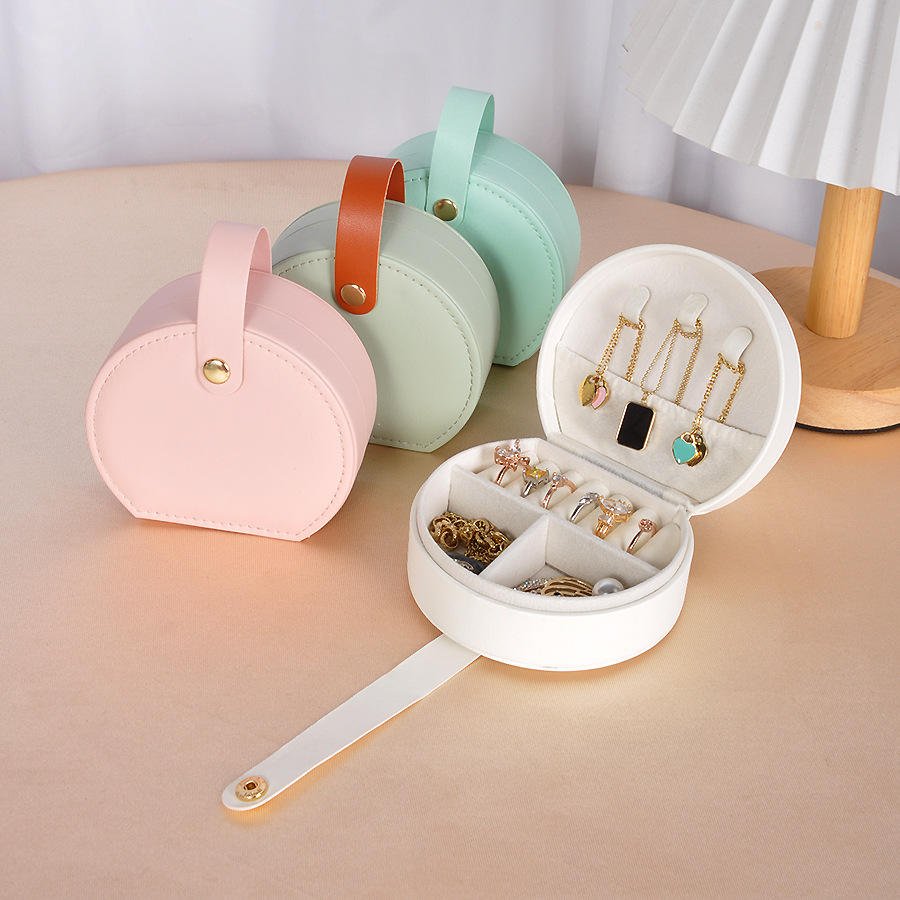 Circular Leather Jewellery Box With Handle | Organizer Box | Storage Box