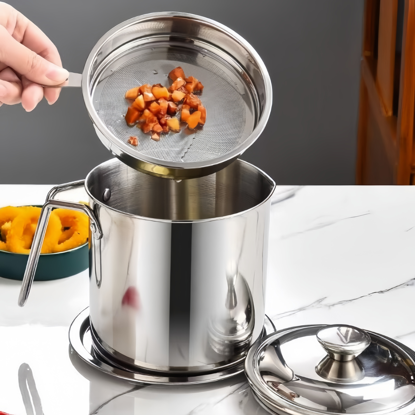 Premium Stainless Steel Oil Filter Pot with Fine Mesh Strainer - Image 2