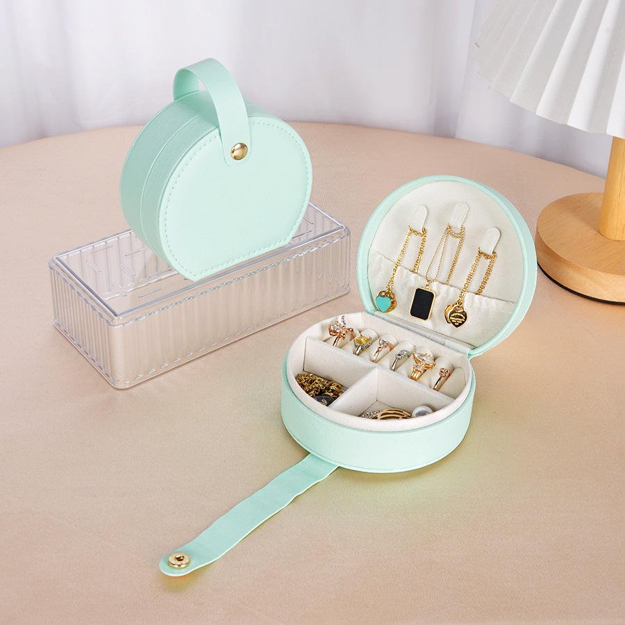 Circular Leather Jewellery Box With Handle | Organizer Box | Storage Box - Image 2