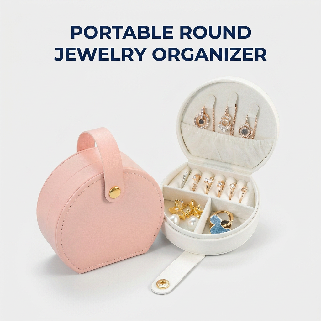 Circular Leather Jewellery Box With Handle | Organizer Box | Storage Box - Image 3