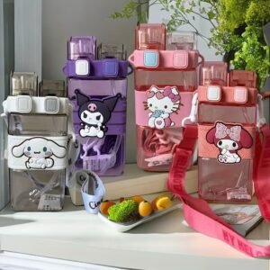 Cute Cartoon Square Water Bottle With Carrying Strap