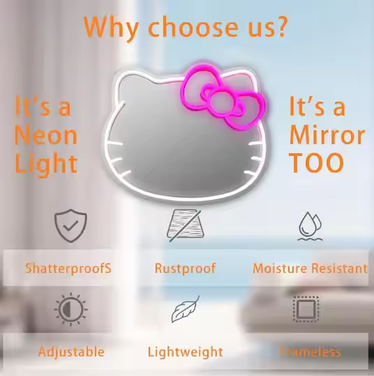 Hello Kitty Neon Mirror , Neon Mirror , Makeup Mirror Neon Sign Room Decor - Image 5