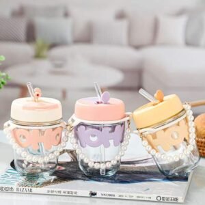 Aesthetic Glass Cup Straw Tumbler Glass Drinking Bottle