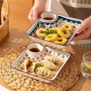 Ceramic Plate With Sauce Compartment, Dumpling Plate With Vinegar Dish, Japanese Style Serving Dish