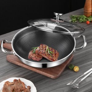304 Stainless Steel Honeycomb Laser Coated Non-stick Wok With Lid