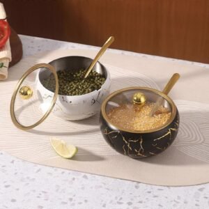 Stainless Steel Condiment Storage Container Sugar Bowl with Glass Lid and Spoon Practical Kitchen Organization Tool White