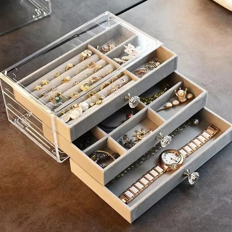 3 drawer velvet acrylic jewellery ring organizer - Image 4