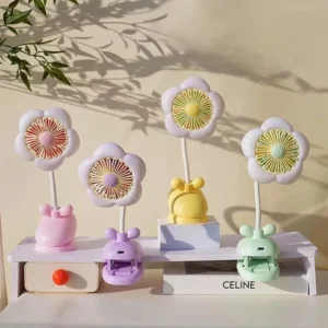 FLOWER CLIP-ON MINI FAN WITH NIGHT LIGHT – USB RECHARGEABLE DESK FAN FOR STUDENTS OFFICE & SUMMER USE