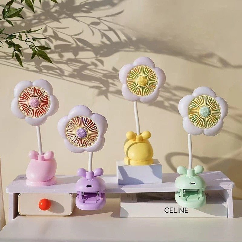 FLOWER CLIP-ON MINI FAN WITH NIGHT LIGHT – USB RECHARGEABLE DESK FAN FOR STUDENTS OFFICE & SUMMER USE