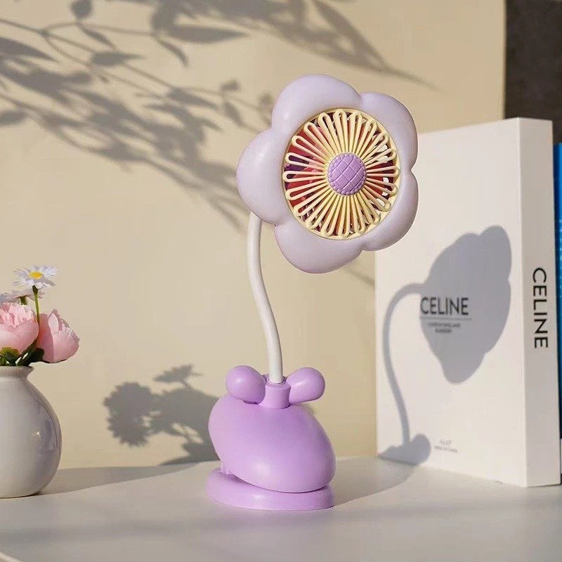 FLOWER CLIP-ON MINI FAN WITH NIGHT LIGHT – USB RECHARGEABLE DESK FAN FOR STUDENTS OFFICE & SUMMER USE - Image 2