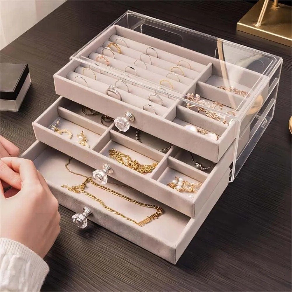 3 drawer velvet acrylic jewellery ring organizer - Image 3