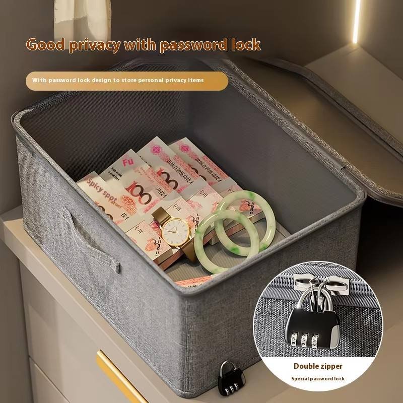 Grey Fabric Foldable Storage Box With Zipper Lid