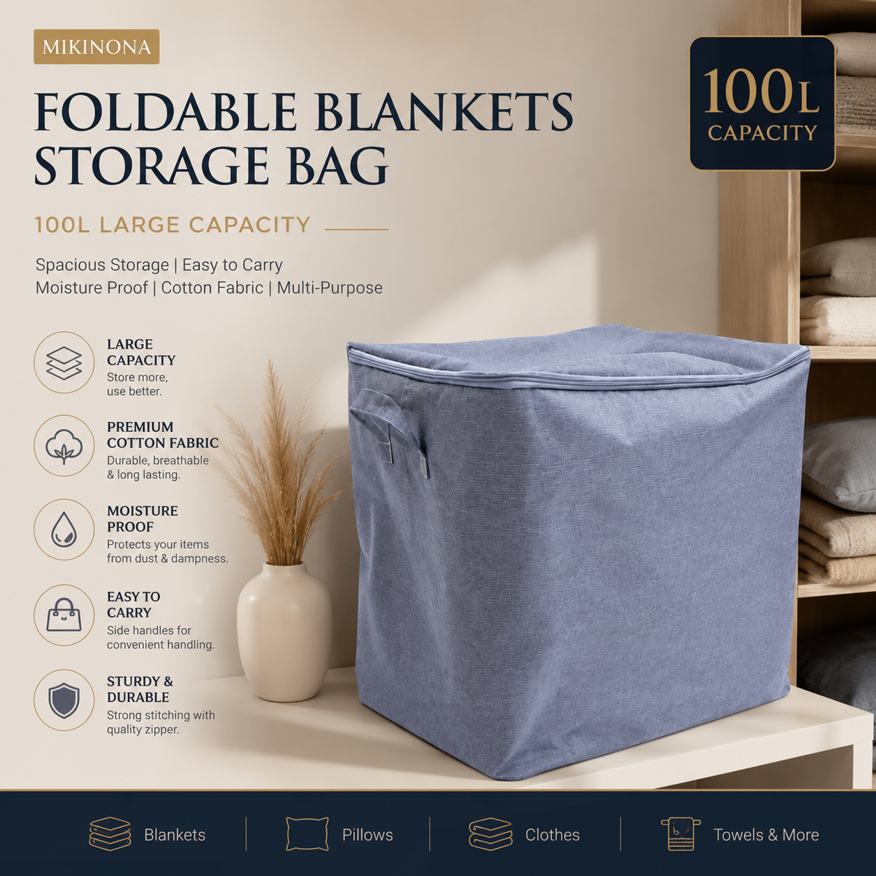 100L Foldable Blanket And Clothes Storage Bag