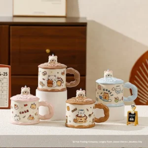 Cute Ceramic Cat Mug With Biscuit Lid Cover
