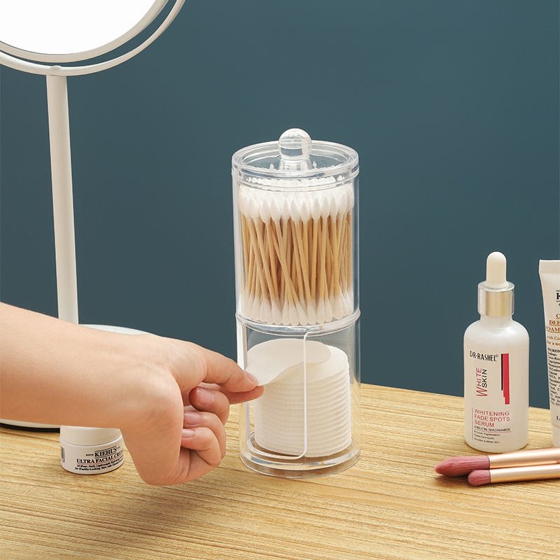 Double Layer Dustproof Acrylic Storage Box Holder Organizer for Bathroom Cotton Ball Pads Swabs Stick Cosmetic Makeup Pads Earbuds Stubs Toothpicks