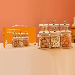 6-Piece Glass Spice and Nut Jar Set with Bamboo Lids and Tray