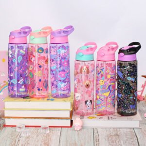 Cartoon Printed Kids Plastic Water Bottle With Straw