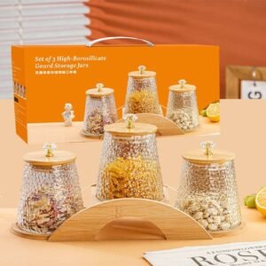 3-Piece Textured Glass Serving Jar Set with Bamboo Lids and Serving Tray