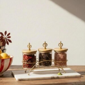 3-Piece Glass Food Storage Canister Set with Bamboo Lids and Gold Wire Stand