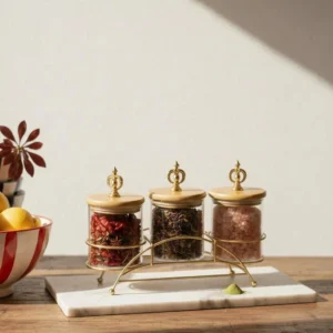 3-Piece Glass Food Storage Canister Set with Bamboo Lids and Gold Wire Stand