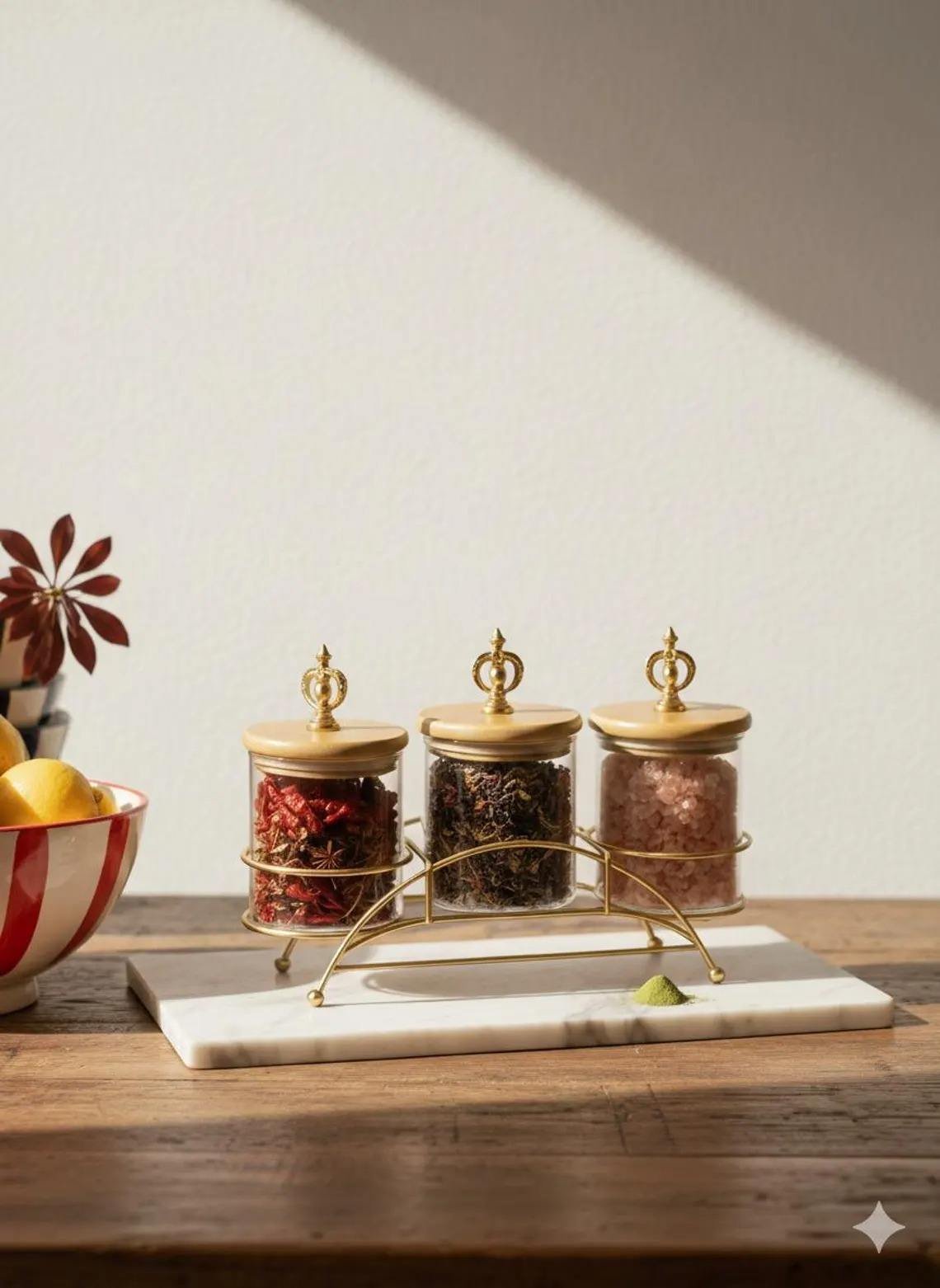 3-Piece Glass Food Storage Canister Set with Bamboo Lids and Gold Wire Stand