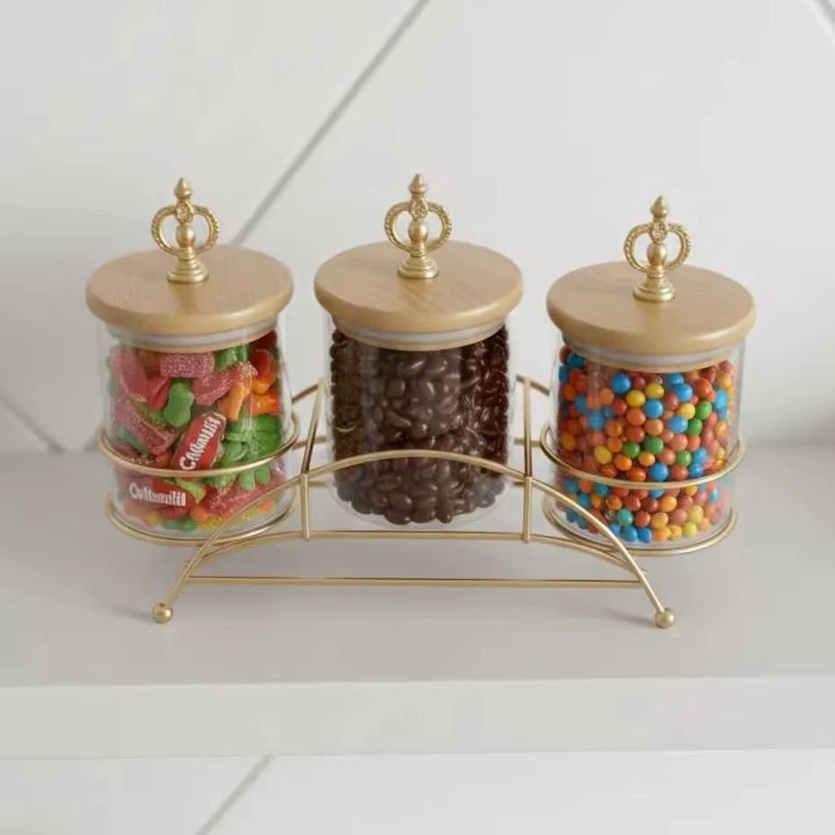 3-Piece Glass Food Storage Canister Set with Bamboo Lids and Gold Wire Stand - Image 3