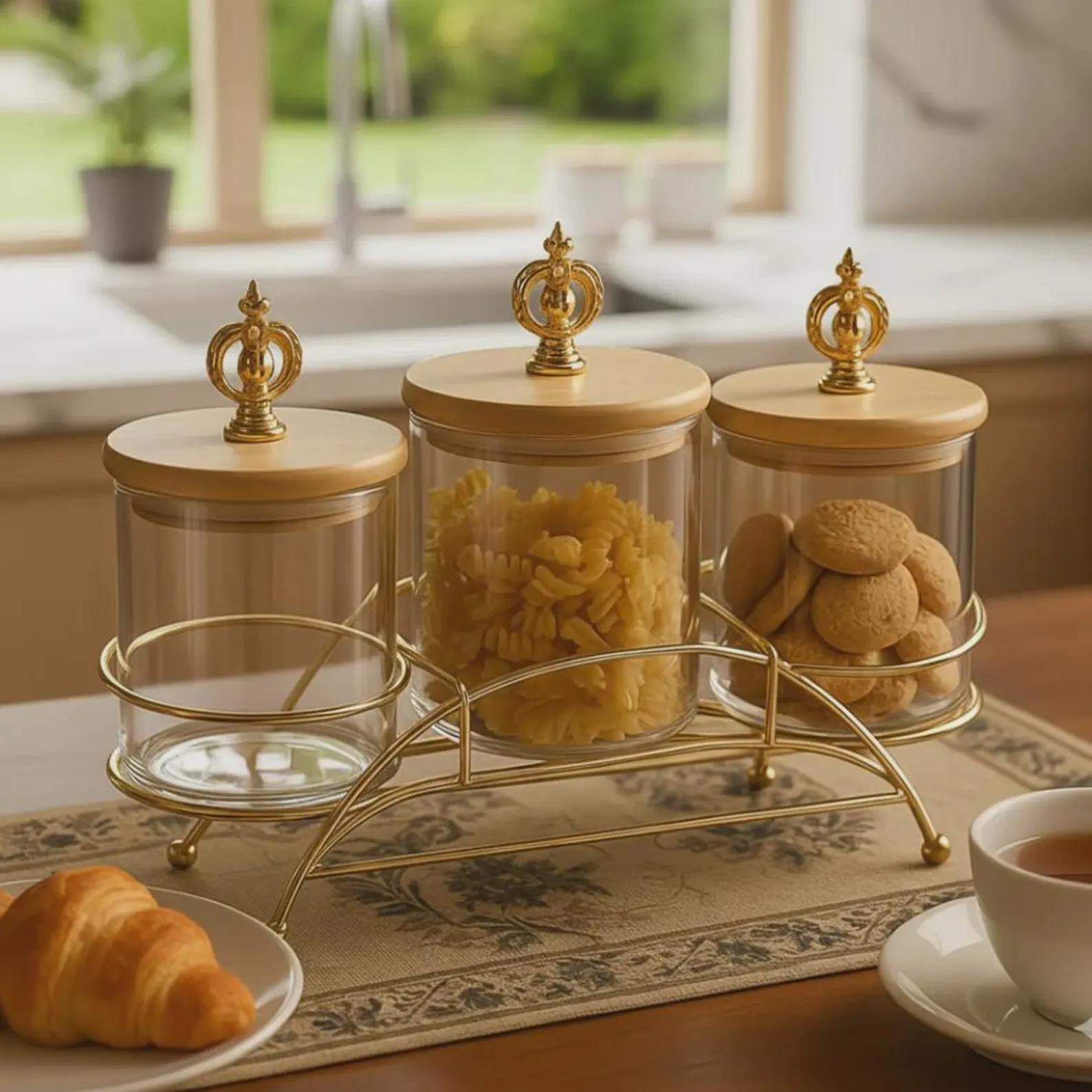 3-Piece Glass Food Storage Canister Set with Bamboo Lids and Gold Wire Stand - Image 2