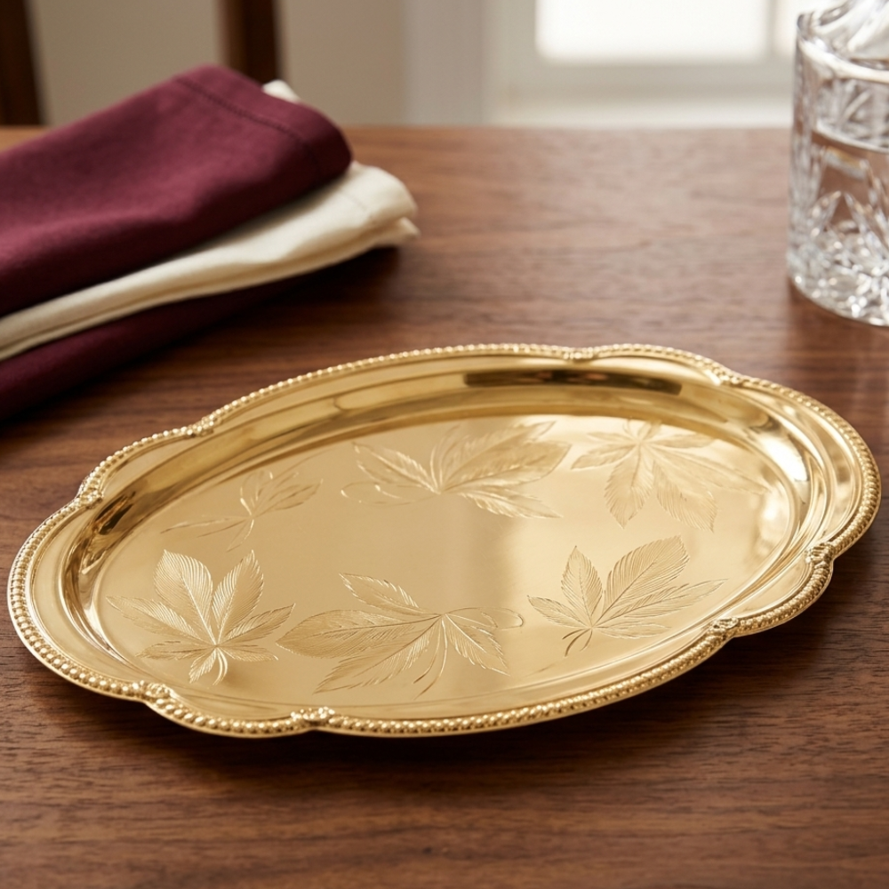 Golden Floral Pattern Decorative Serving Tray
