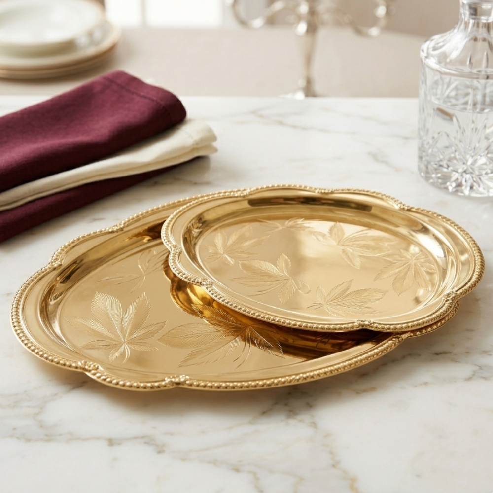 Golden Floral Pattern Decorative Serving Tray - Image 2