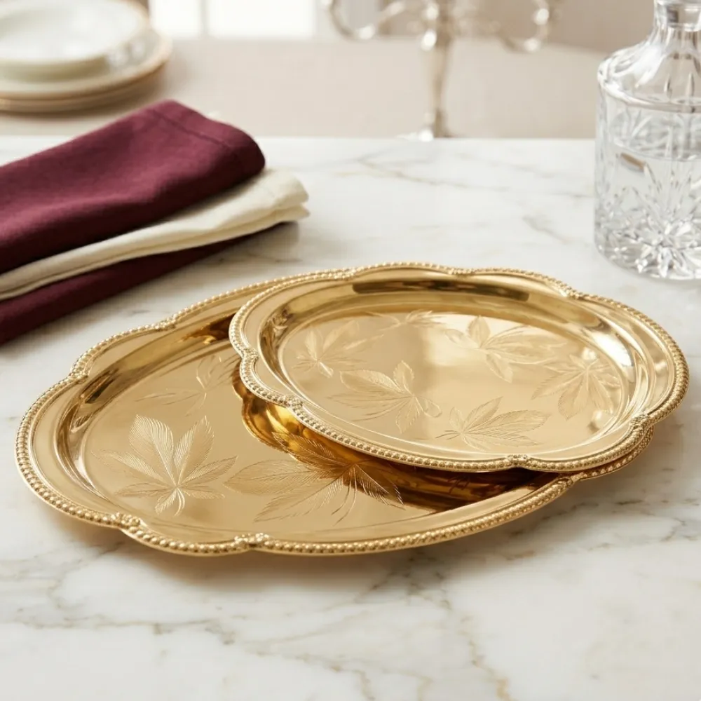 Golden Floral Pattern Decorative Serving Tray - Image 2