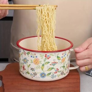 Enamel Bowl with Lid Flower Design Enamelware Bowls for Soup, Noodles, Salad