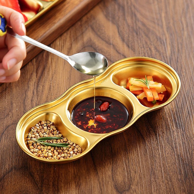 GOLDEN 3-PARTITION STAINLESS STEEL DIP BOWLS