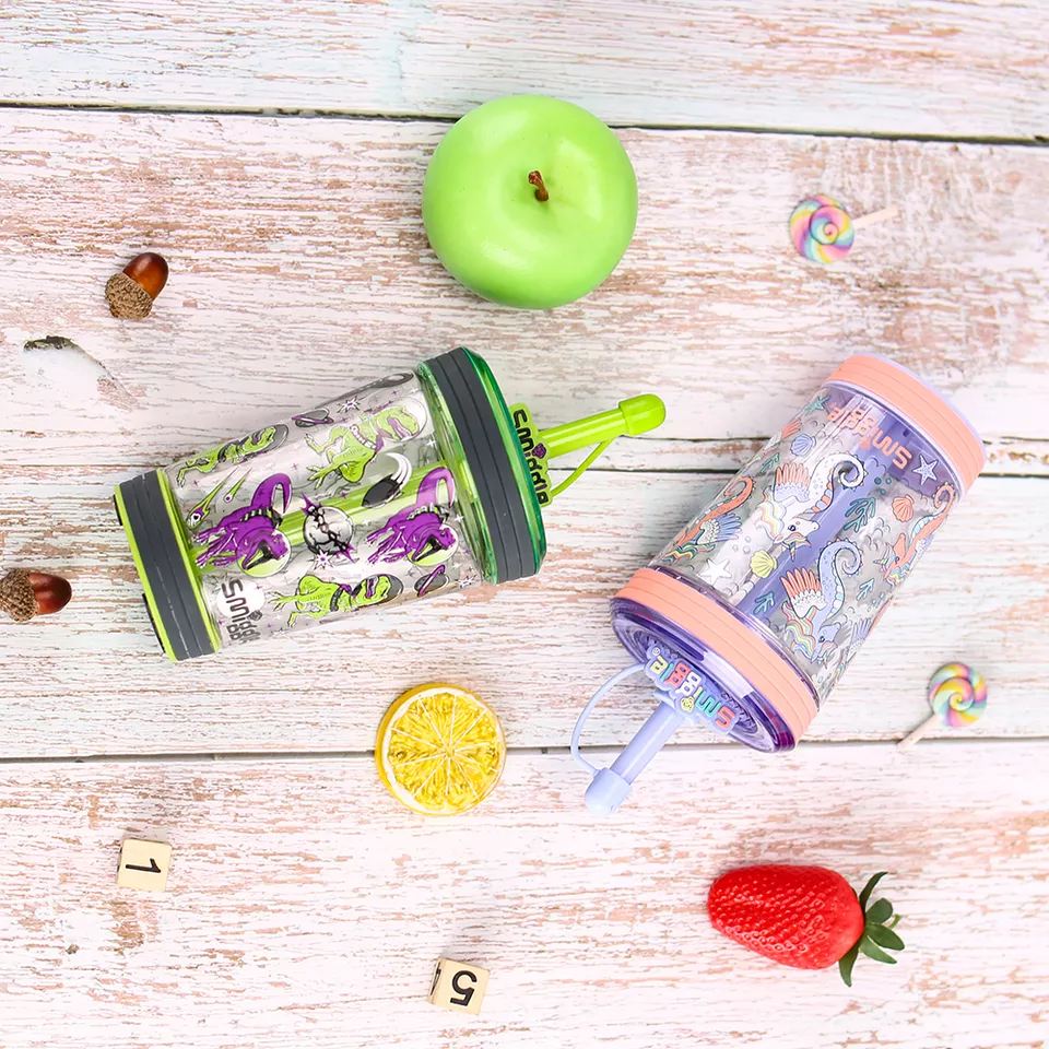 Cartoon Printed Kids Plastic Tumbler Cup With Straw
