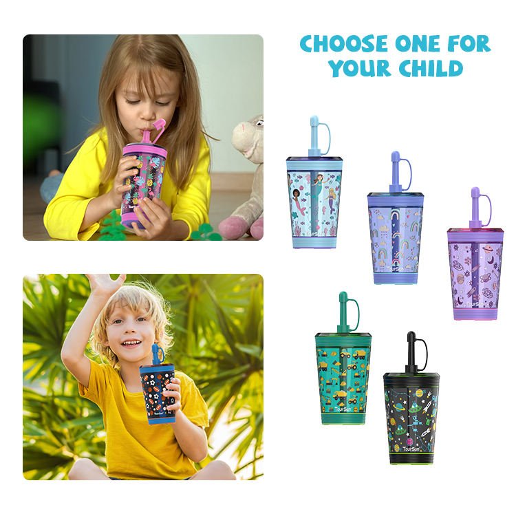 Cartoon Printed Kids Plastic Tumbler Cup With Straw - Image 3