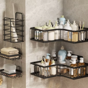 Adhesive Matte Black Bathroom Shower Caddy & Organizer Set