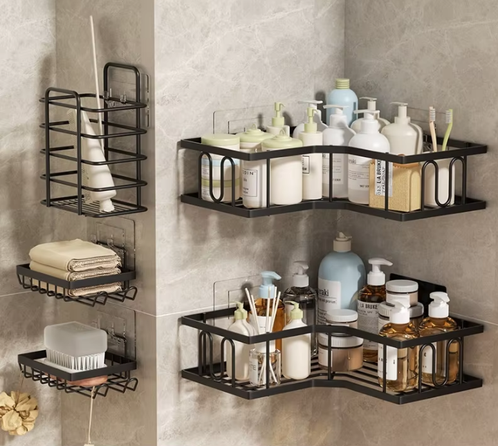 Adhesive Matte Black Bathroom Shower Caddy & Organizer Set